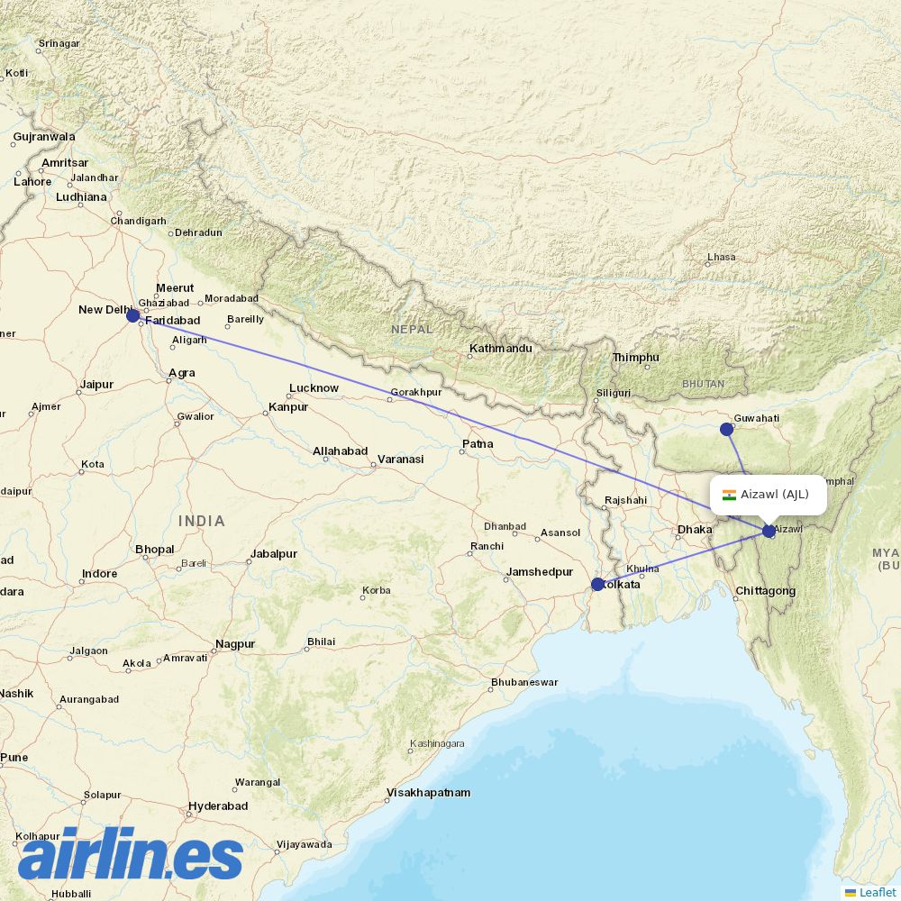 IndiGo from Aizawl destination map