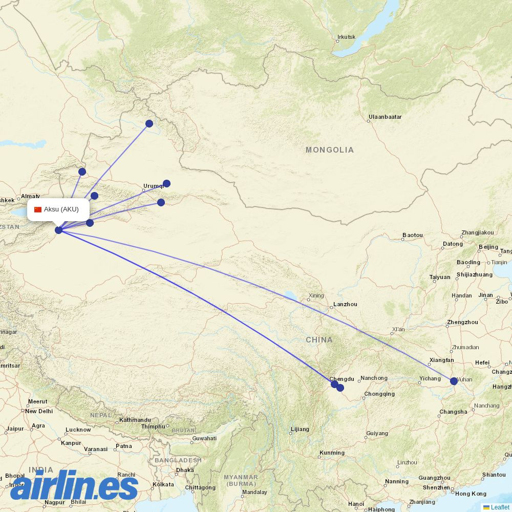 Chengdu Airlines from Aksu Airport destination map
