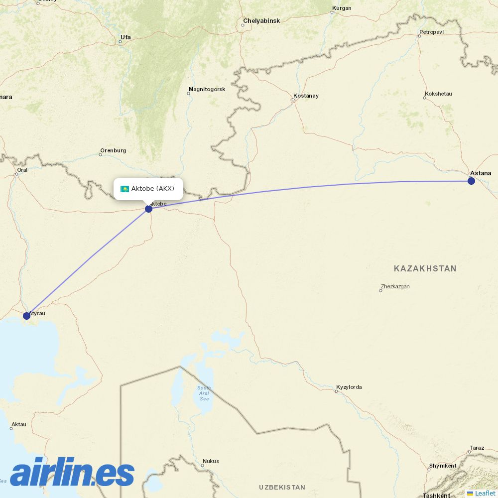 Qazaq Air from Aktyubinsk destination map