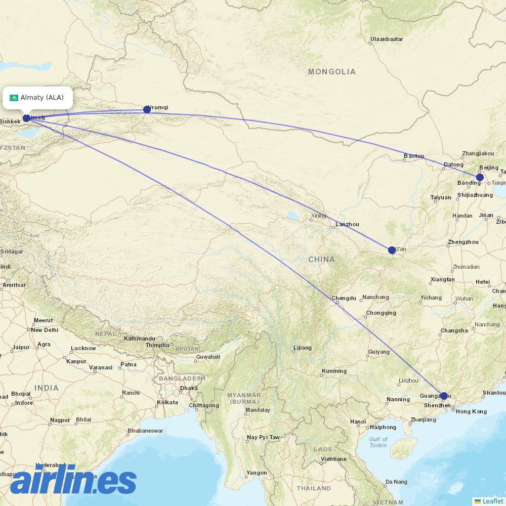 China Southern Airlines from Almaty International Airport destination map
