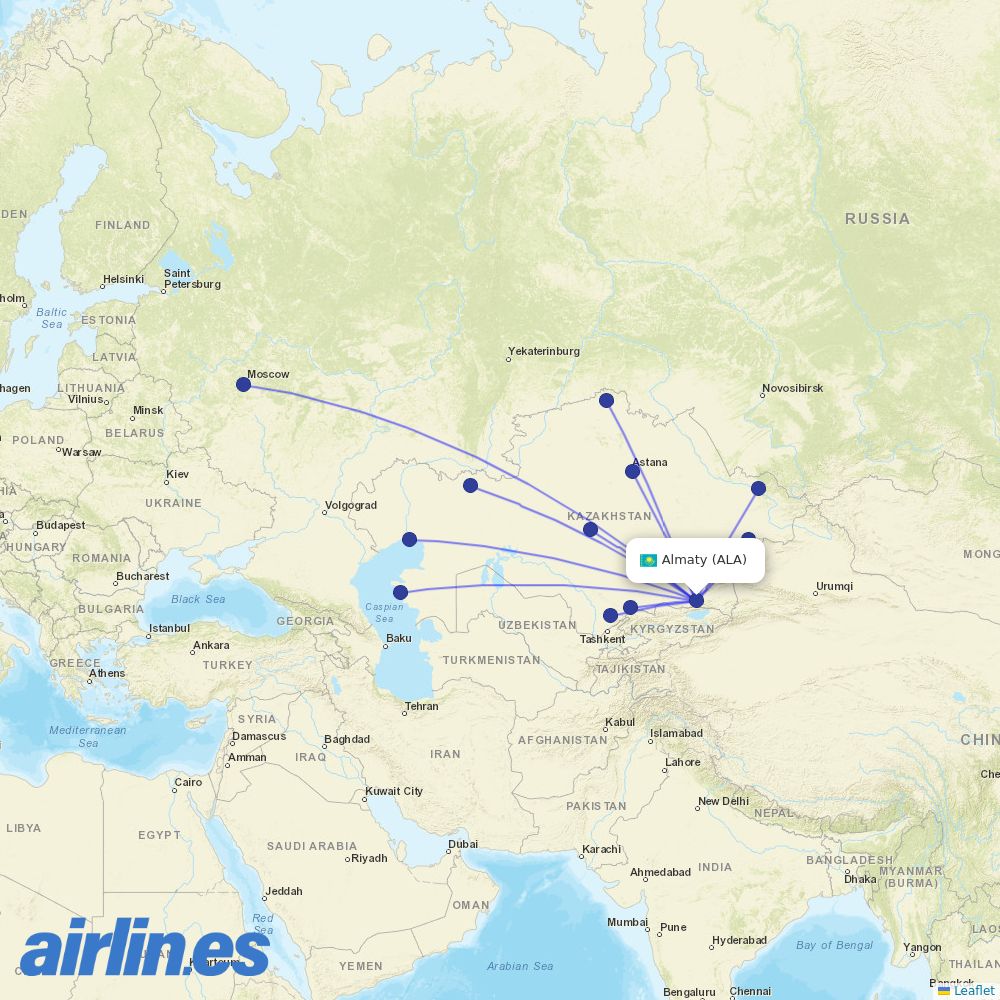 SCAT Airlines from Almaty International Airport destination map