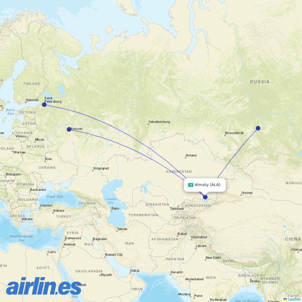 Aeroflot from Almaty International Airport destination map