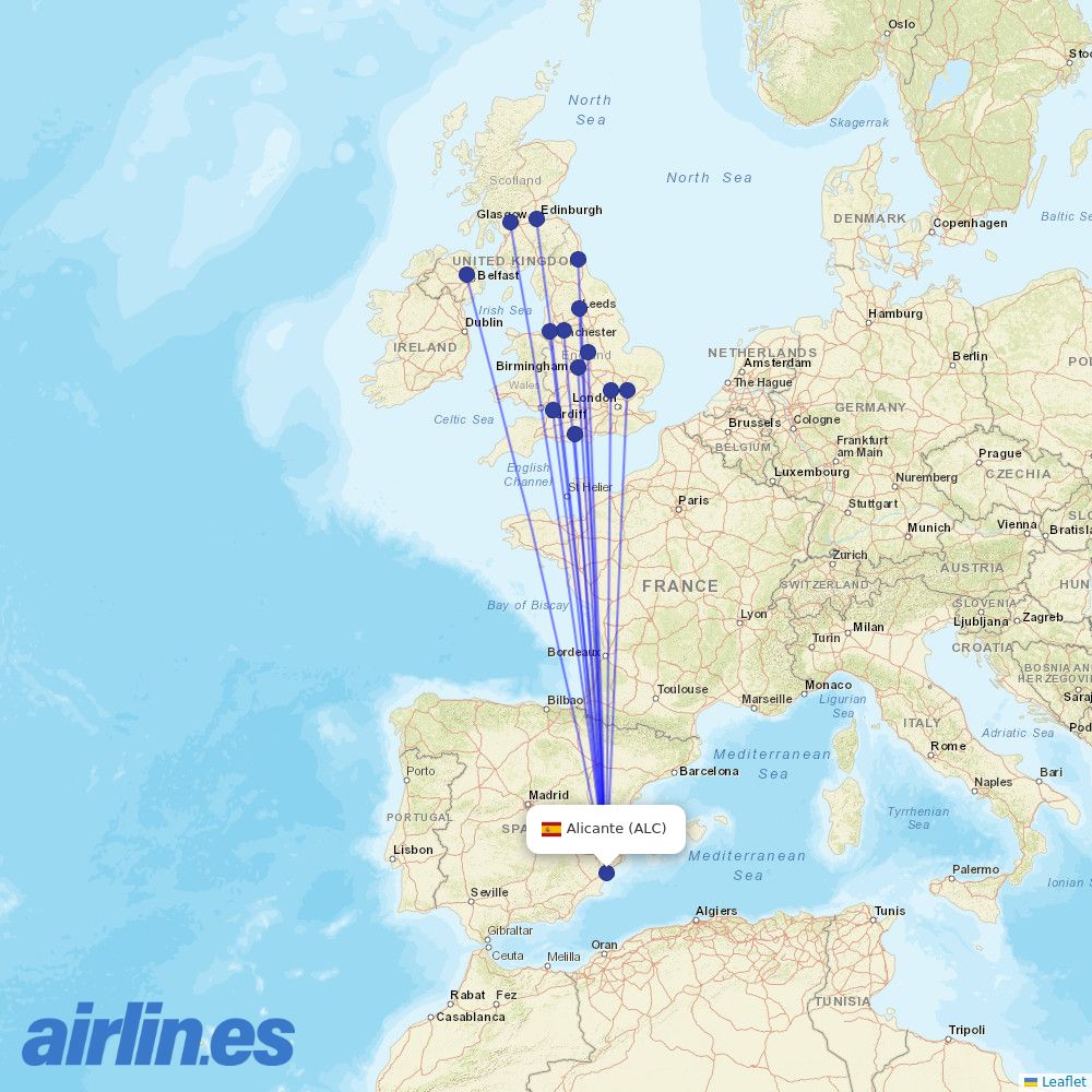 Jet2 from Alicante–Elche Miguel Hernández Airport destination map