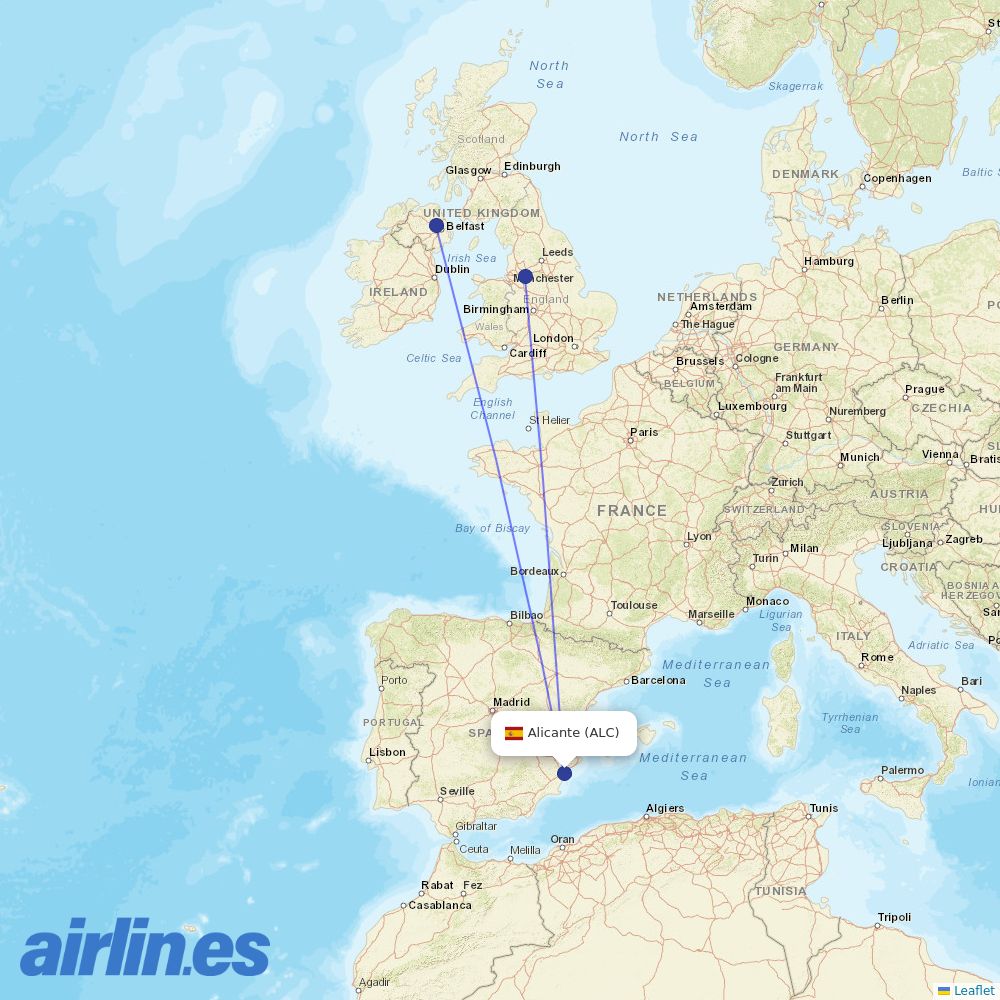 Ryanair UK from Alicante–Elche Miguel Hernández Airport destination map