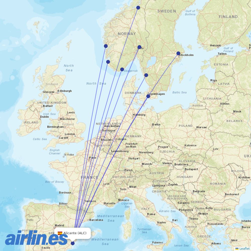 Scandinavian Airlines from Alicante–Elche Miguel Hernández Airport destination map