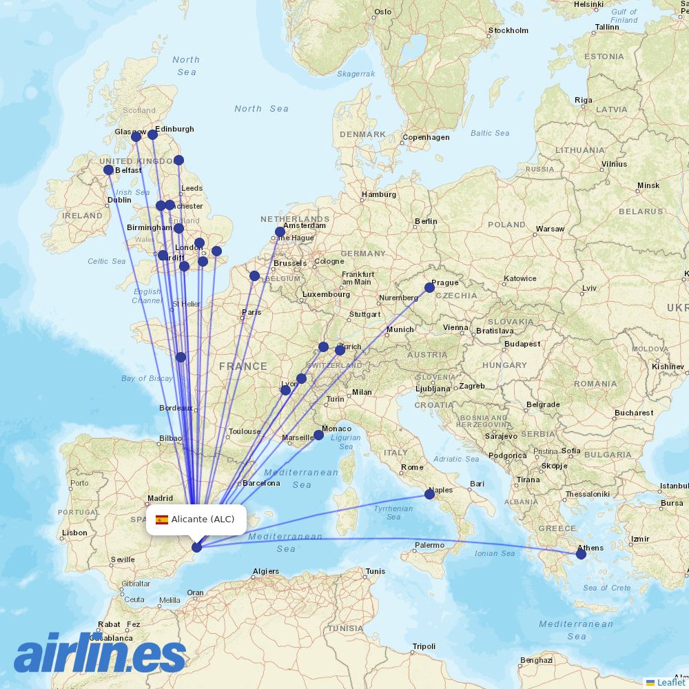 easyJet from Alicante–Elche Miguel Hernández Airport destination map