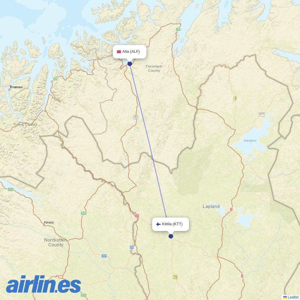 Finnair from Alta destination map