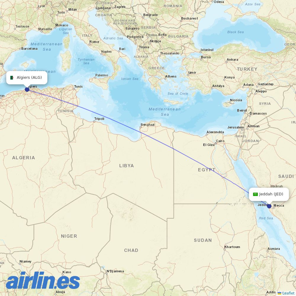 Saudia from Houari Boumediene Airport destination map
