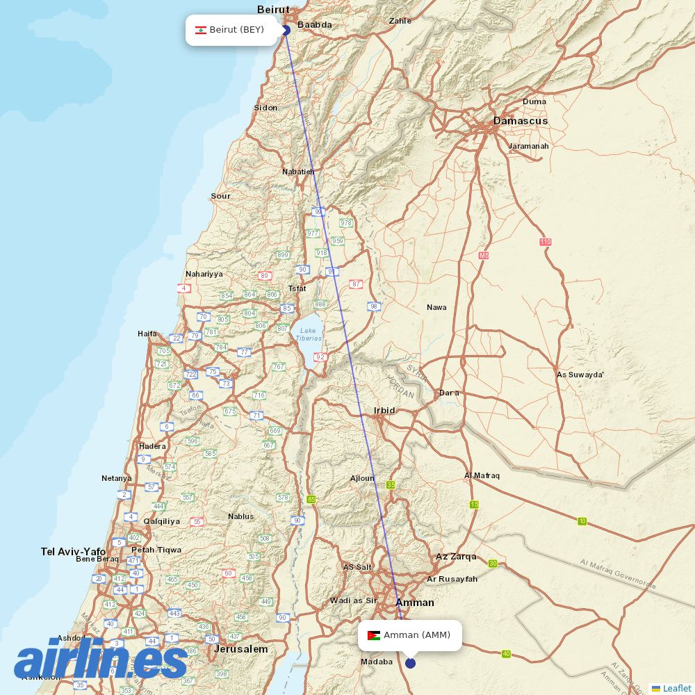 Middle East Airlines at AMM route map