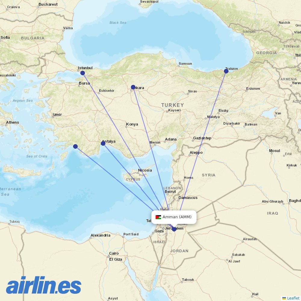 Pegasus from Queen Alia International destination map