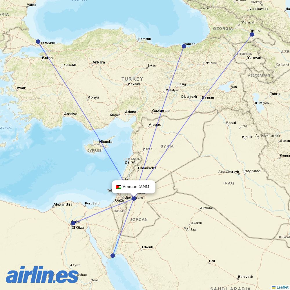 Jordan Aviation from Queen Alia International destination map
