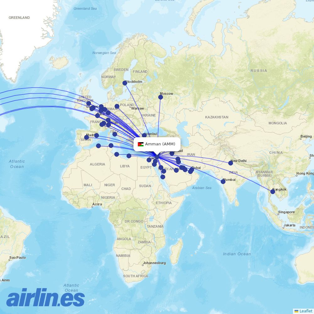 Royal Jordanian from Queen Alia International destination map