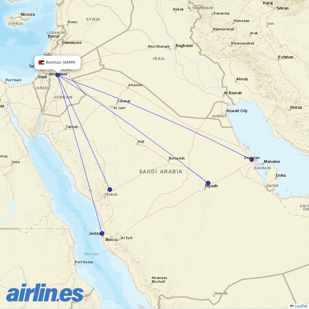 Flynas from Queen Alia International destination map