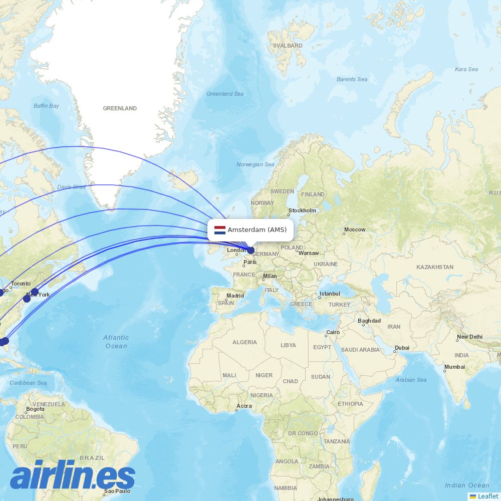 Delta Air Lines from Schiphol destination map