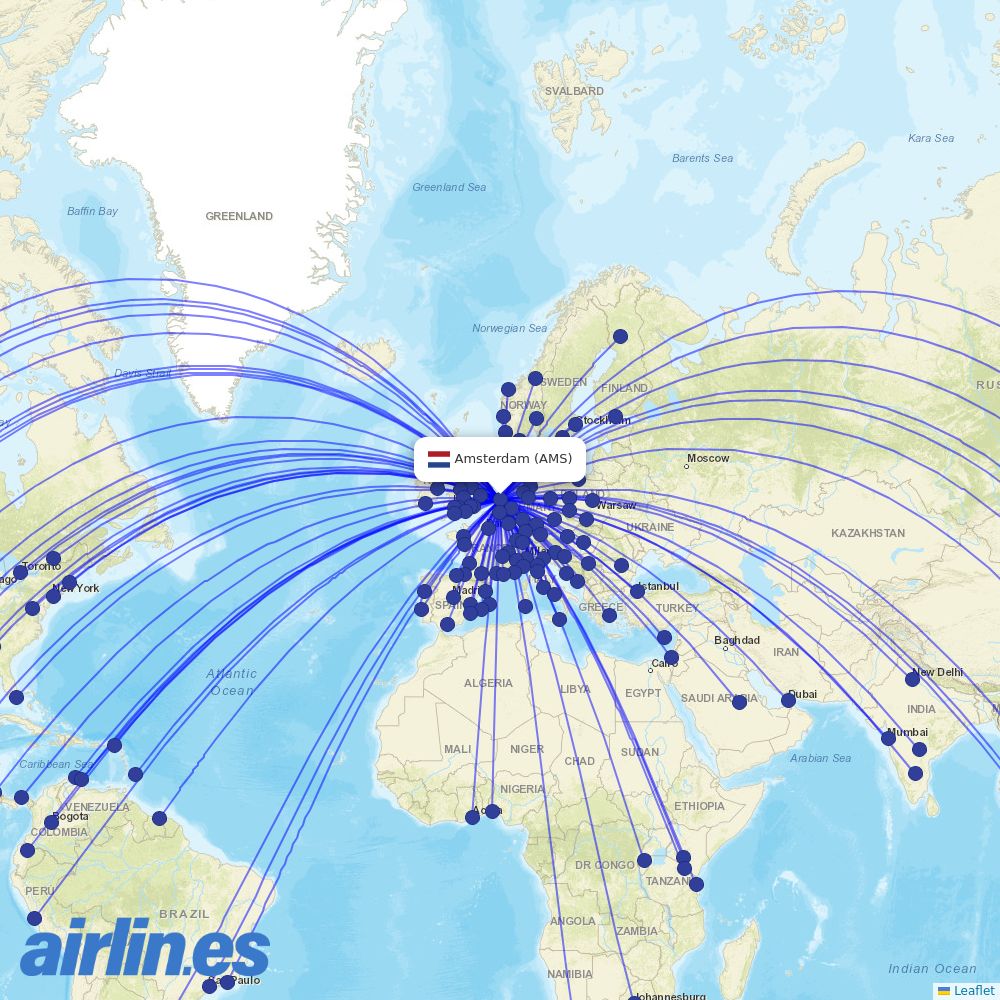 KLM at AMS route map