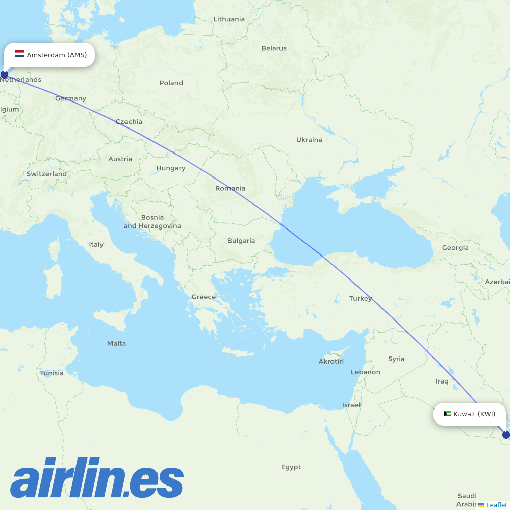 Kuwait Airways from Schiphol destination map