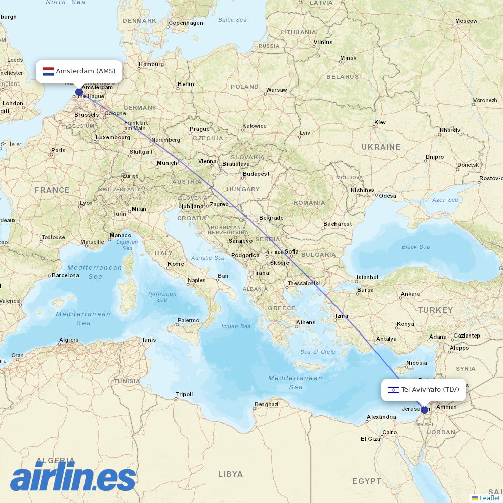 El Al from Schiphol destination map