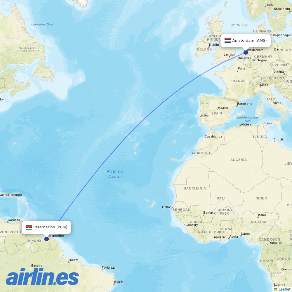Surinam Airways at AMS route map