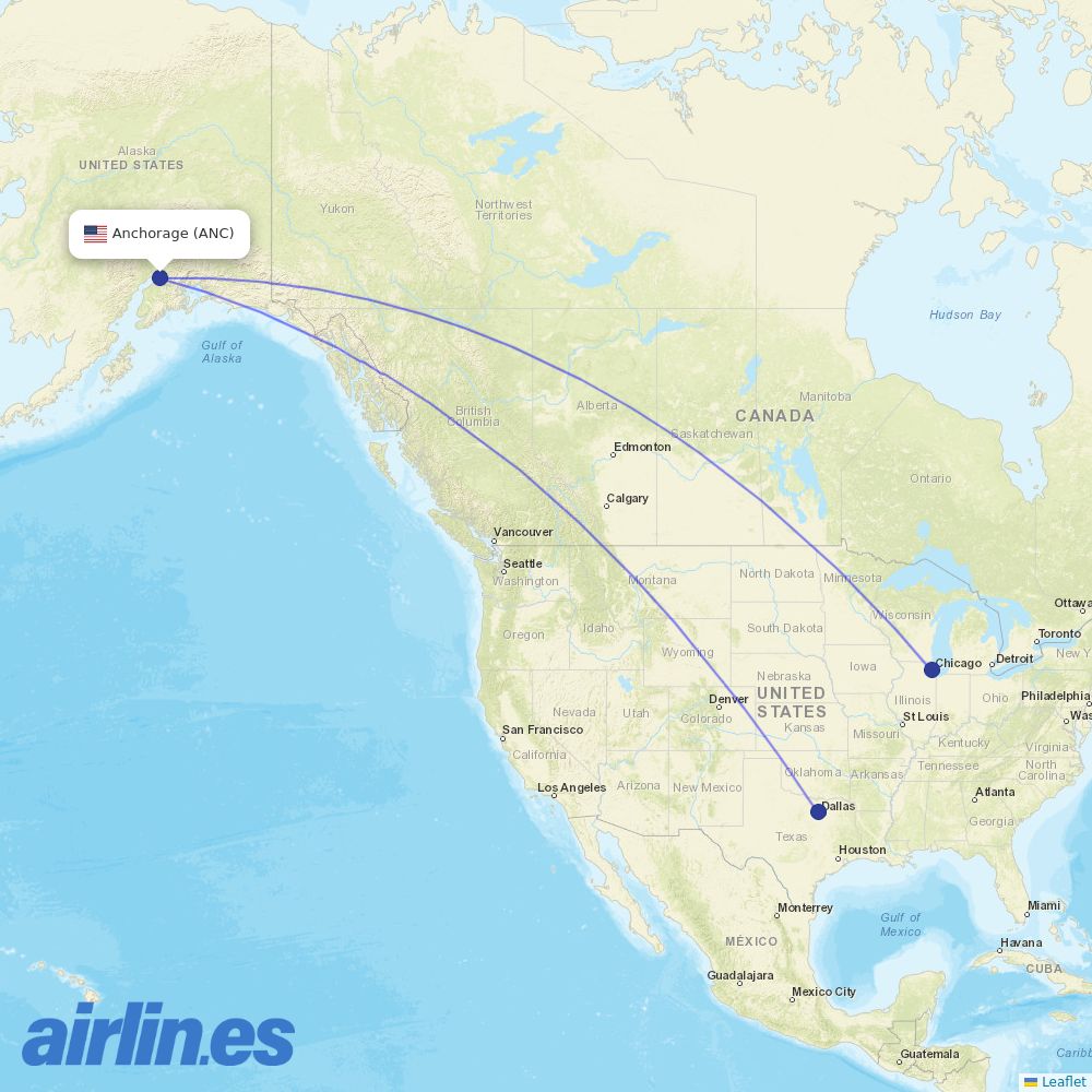 American Airlines from Ted Stevens Anchorage International destination map