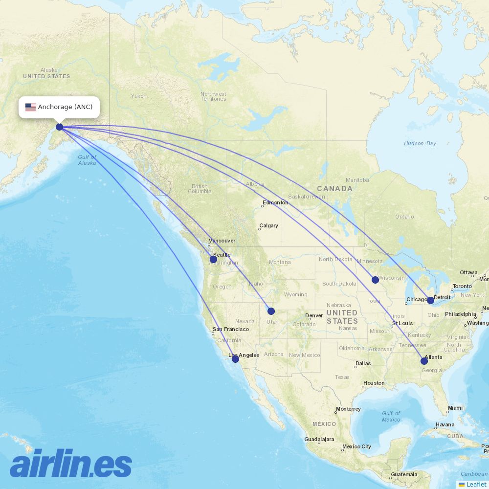 Delta Air Lines from Ted Stevens Anchorage International destination map