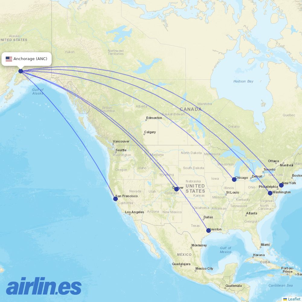 United Airlines from Ted Stevens Anchorage International destination map