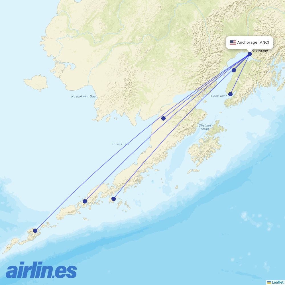 Aleutian Airways from Ted Stevens Anchorage International destination map