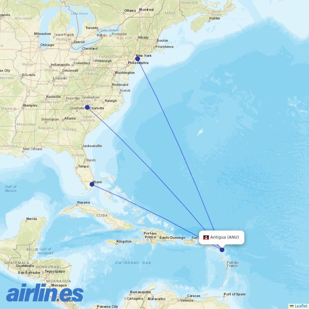 American Airlines from Antigua destination map