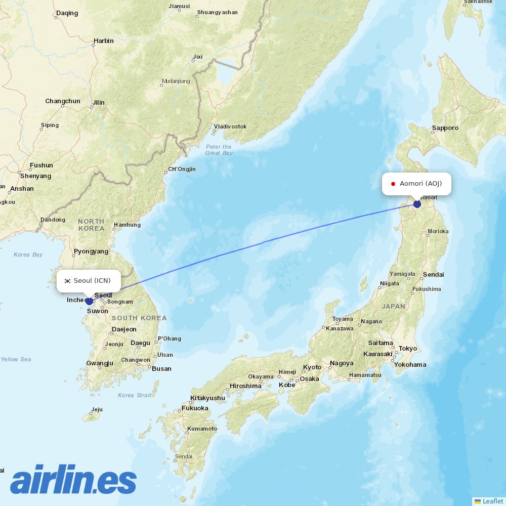 Korean Air from Aomori destination map