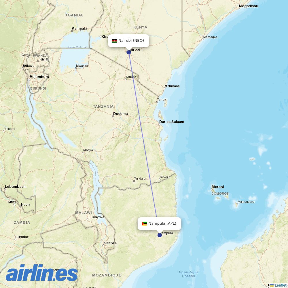 Kenya Airways from Nampula destination map