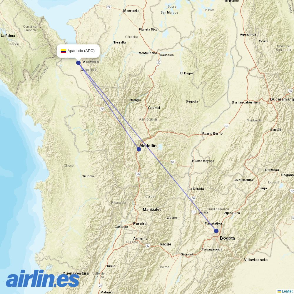 SATENA from Apartado destination map