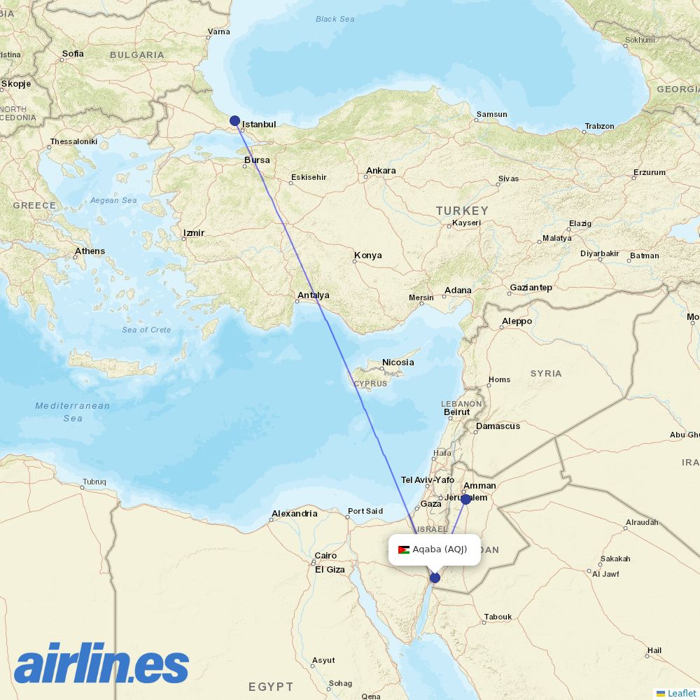 Turkish Airlines from Aqaba destination map