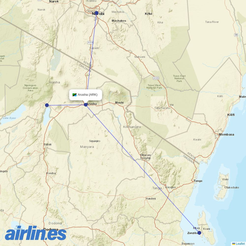 Regional Air from Arusha destination map
