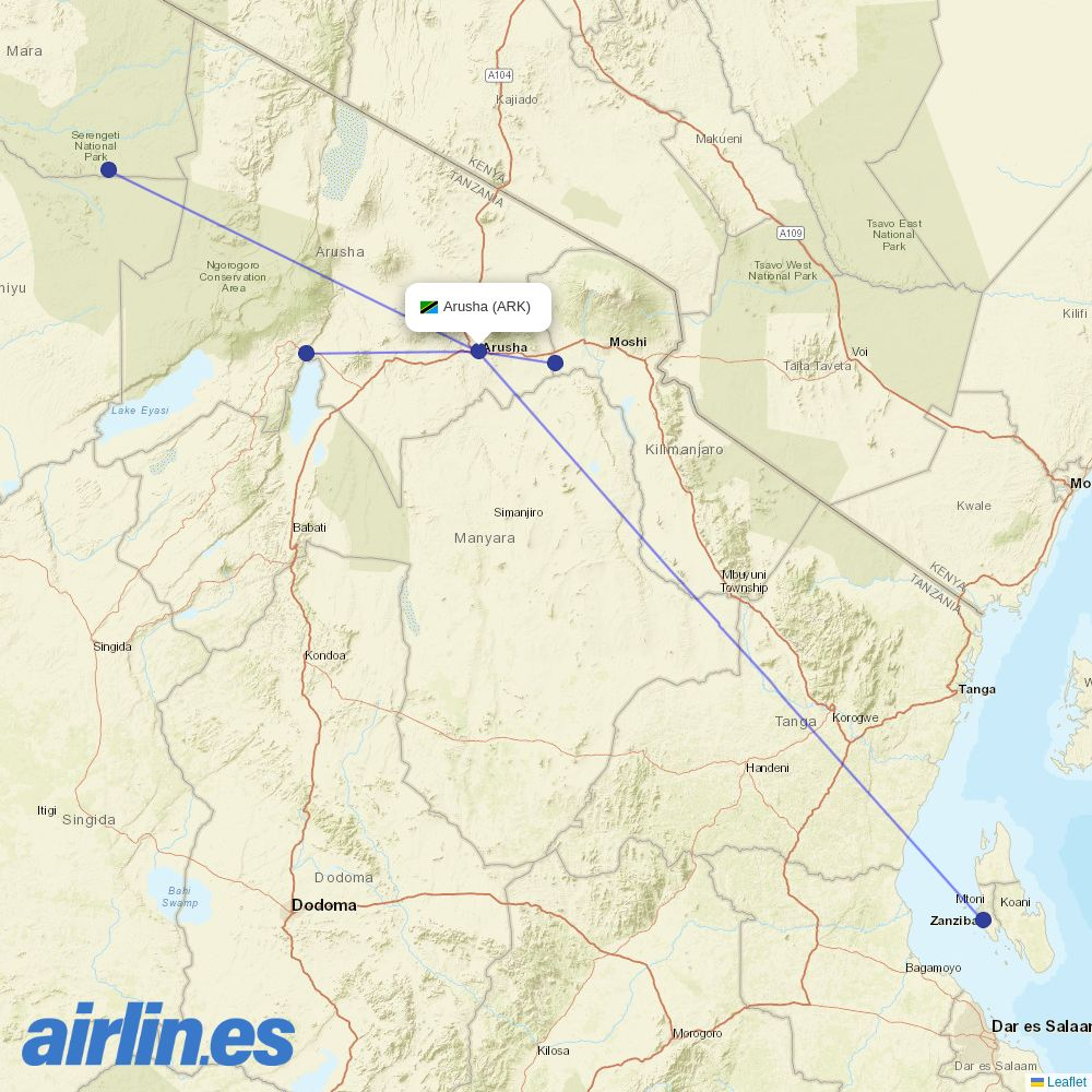Coastal Aviation from Arusha destination map