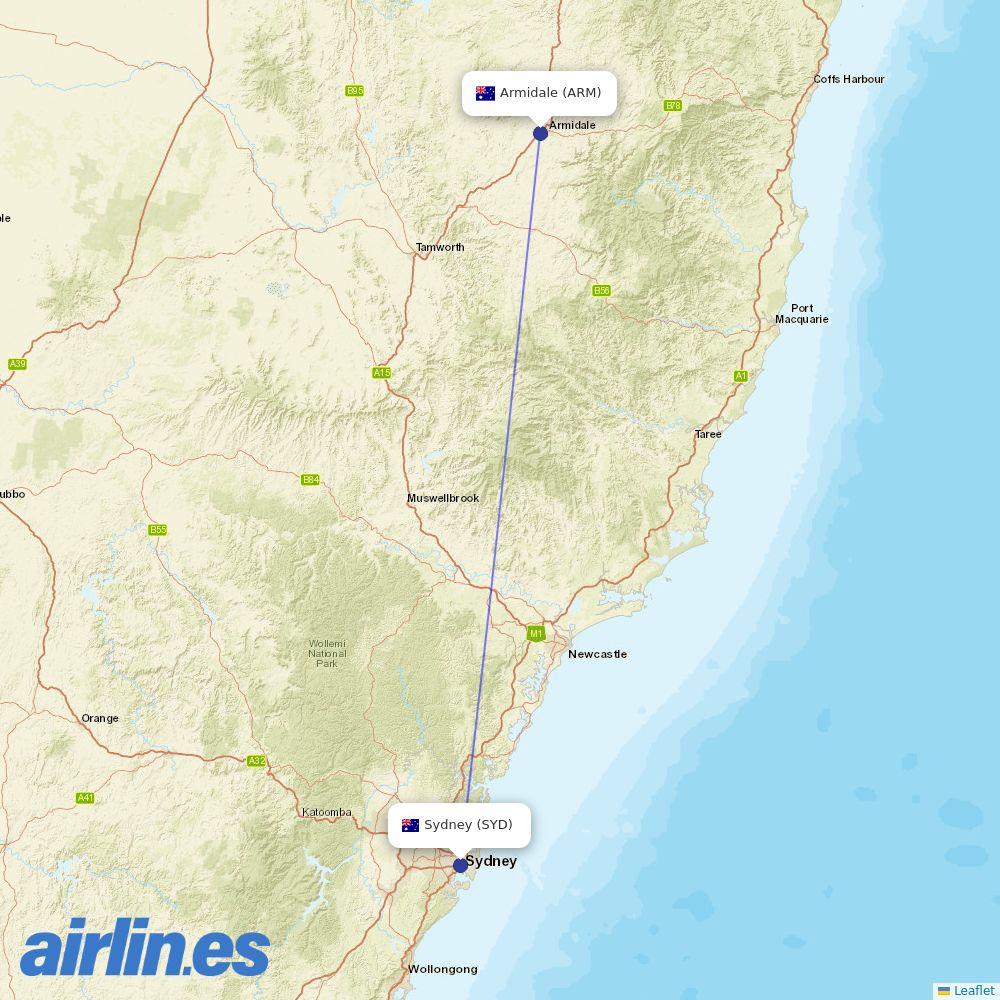 Qantas from Armidale destination map