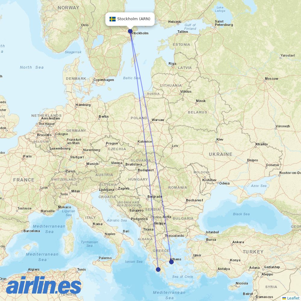 Aegean Airlines from Stockholm Arlanda Airport destination map