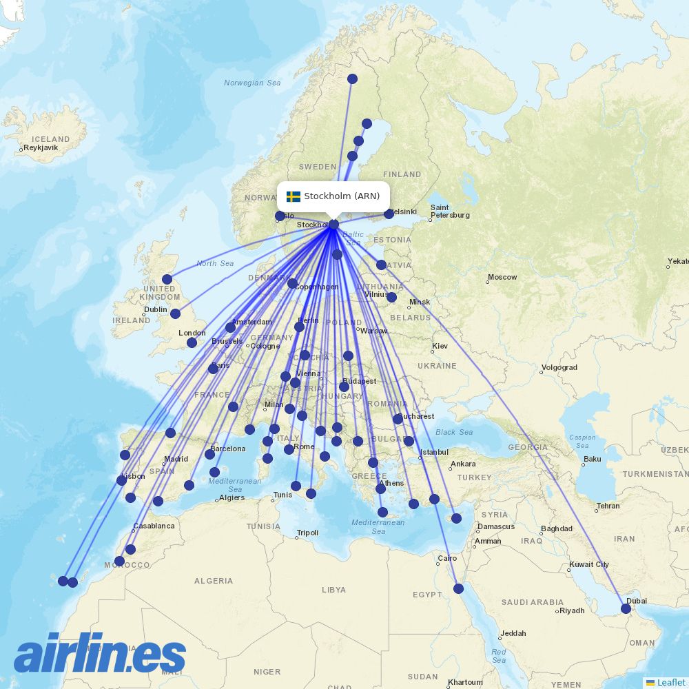 Norwegian Air Sweden from Stockholm Arlanda Airport destination map