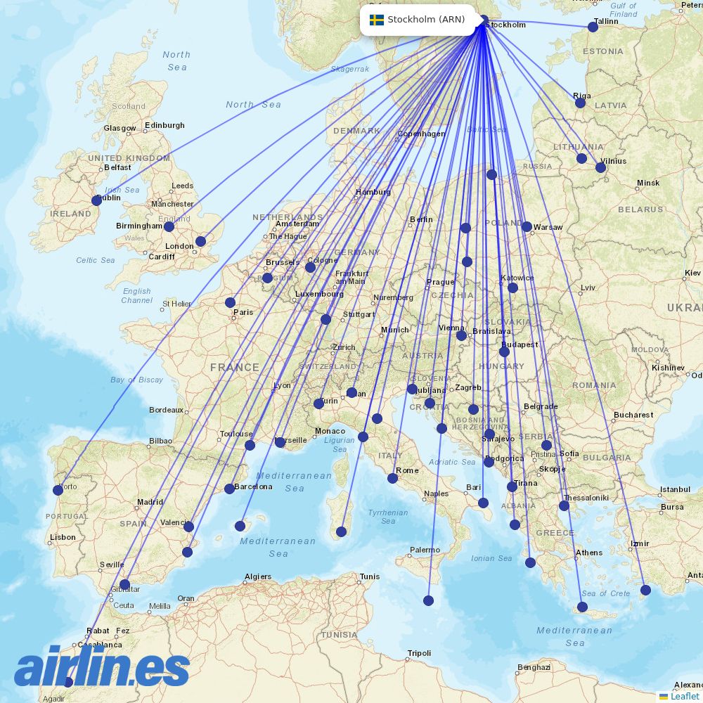 Ryanair from Stockholm Arlanda Airport destination map