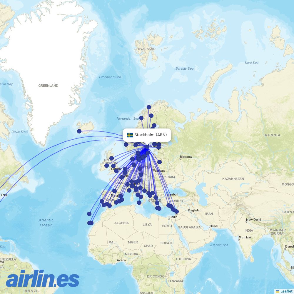 Scandinavian Airlines from Stockholm Arlanda Airport destination map