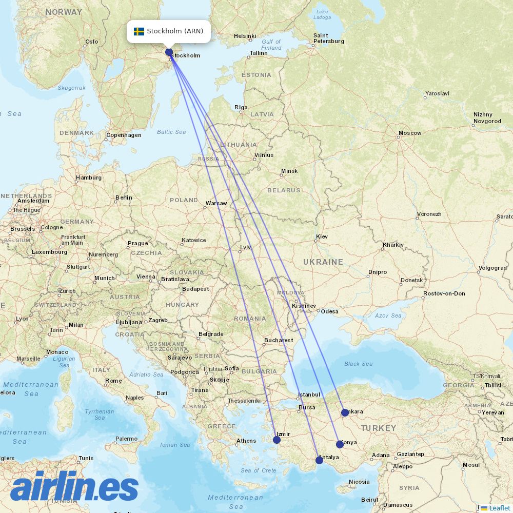 SunExpress from Stockholm Arlanda Airport destination map