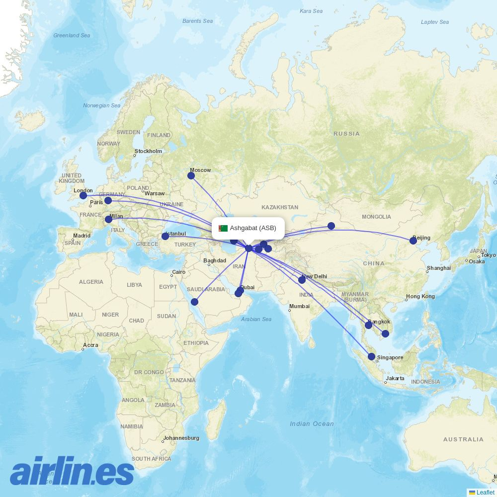 flydubai from Ashgabat destination map