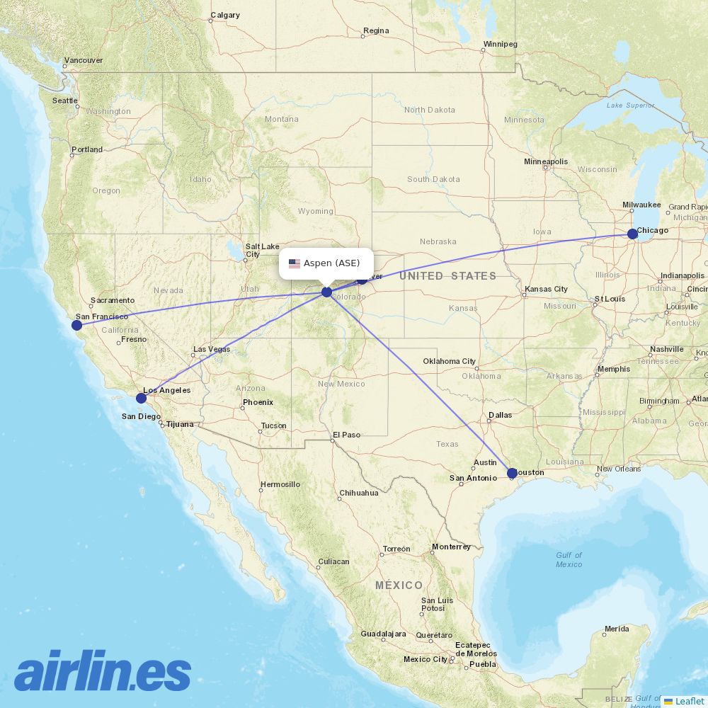 United Airlines from Aspen Pitkin County Sardy Field destination map