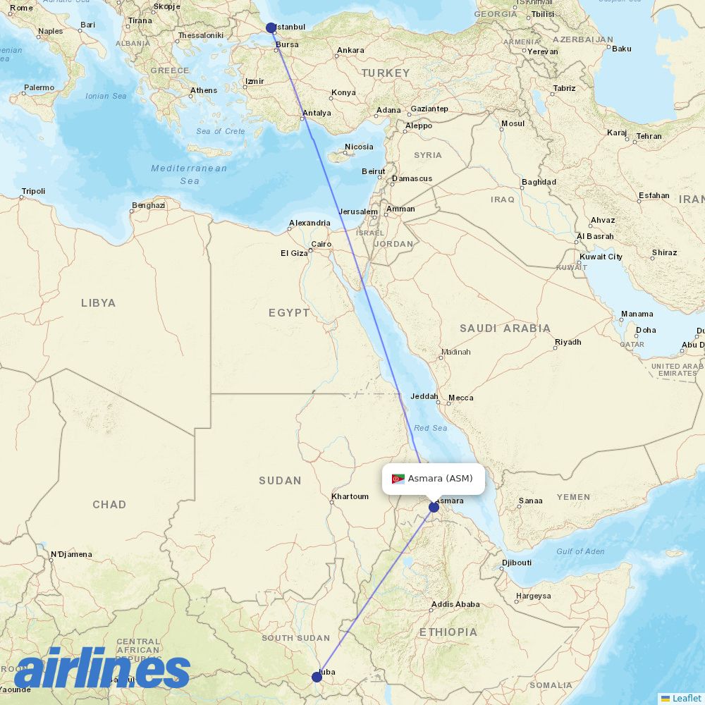 Turkish Airlines from Asmara Intl destination map