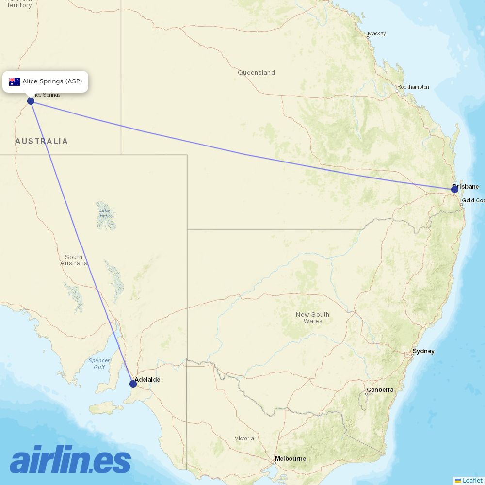 Virgin Australia from Alice Springs destination map