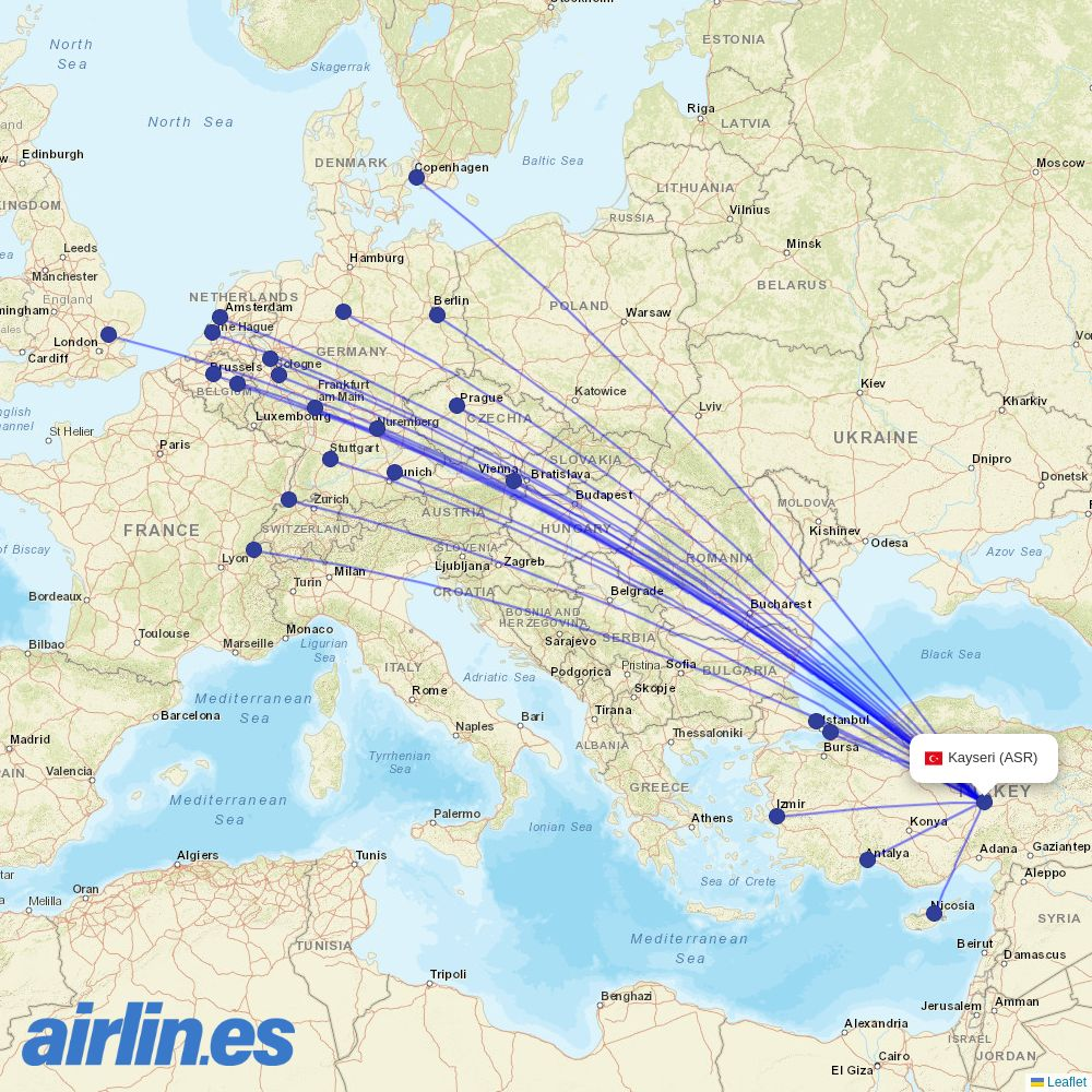 AJet from Erkilet destination map