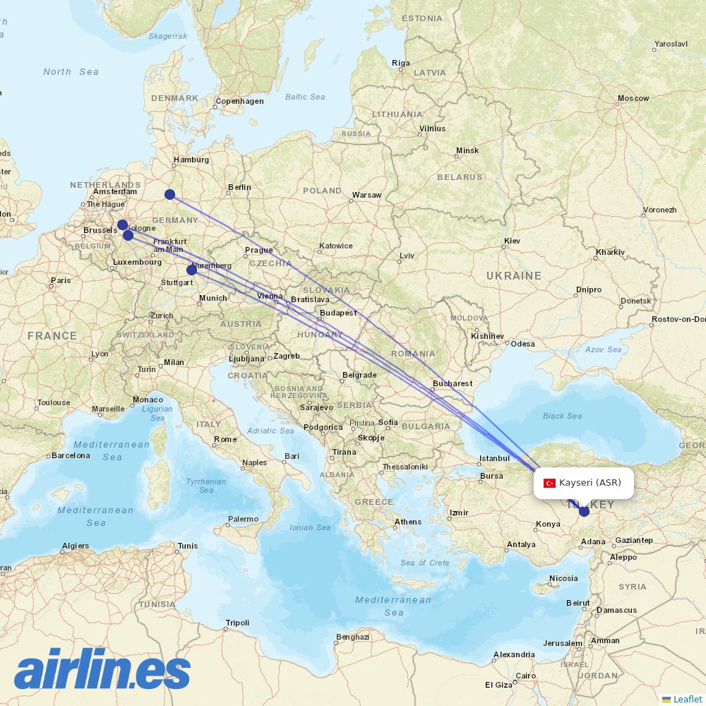 Corendon Airlines from Erkilet destination map