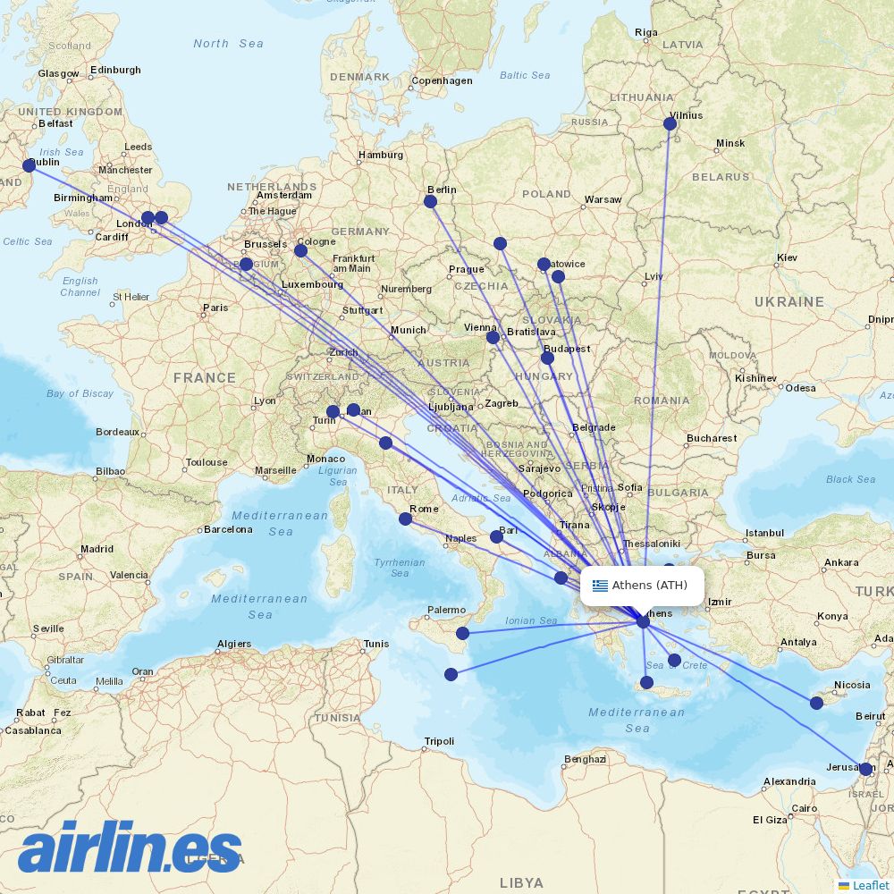 Ryanair from Athens International Airport destination map
