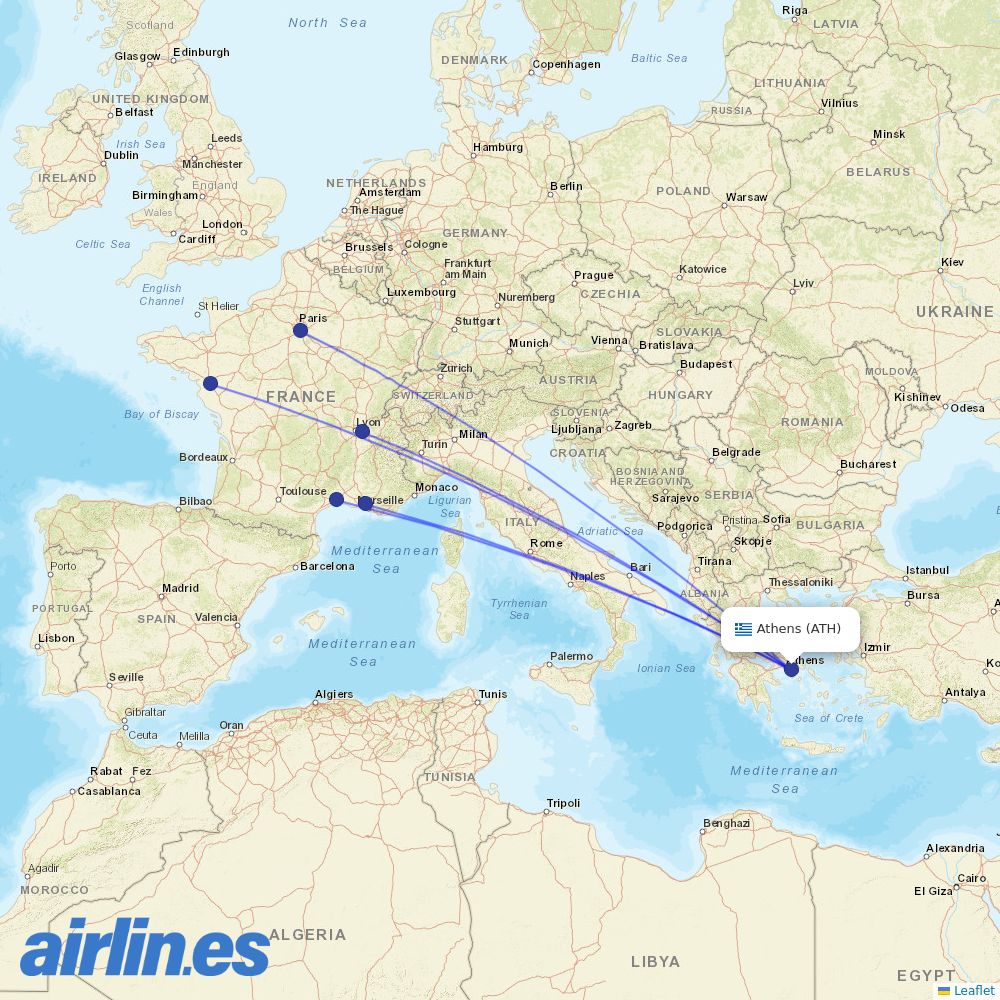Transavia France from Athens International Airport destination map