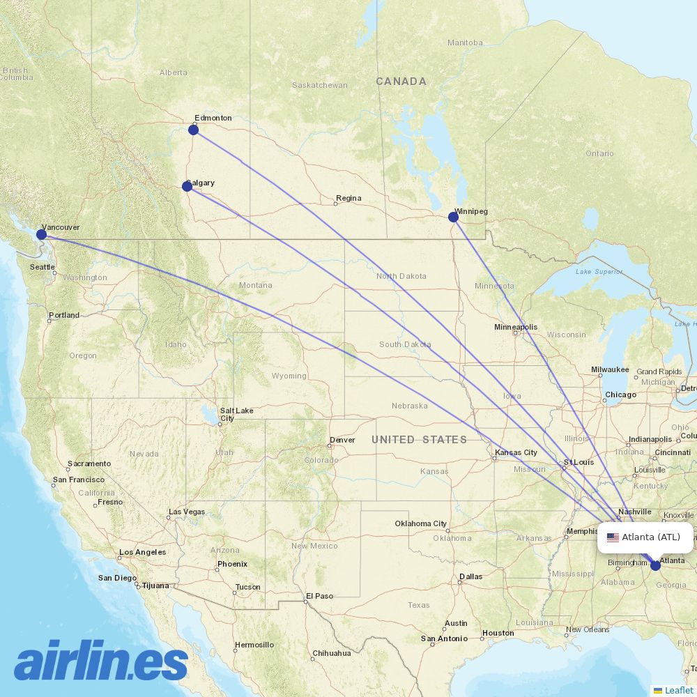 WestJet from Hartsfield–Jackson Atlanta International Airport destination map