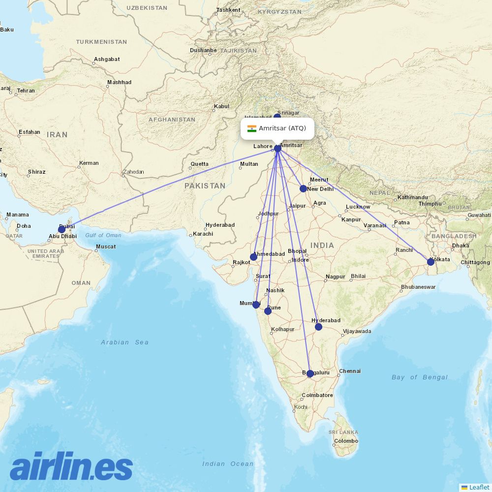 IndiGo from Amritsar destination map