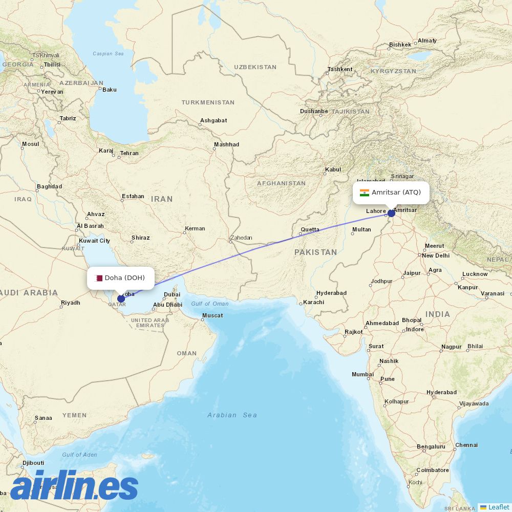 Qatar Airways from Amritsar destination map